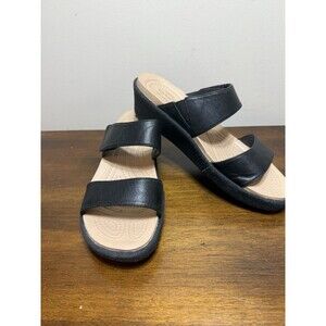 CROCS WOMENS BLACK WEDGE A-LEIGH HEELS SIZE 8 ADJUSTABLE LEATHER STRAP EUC